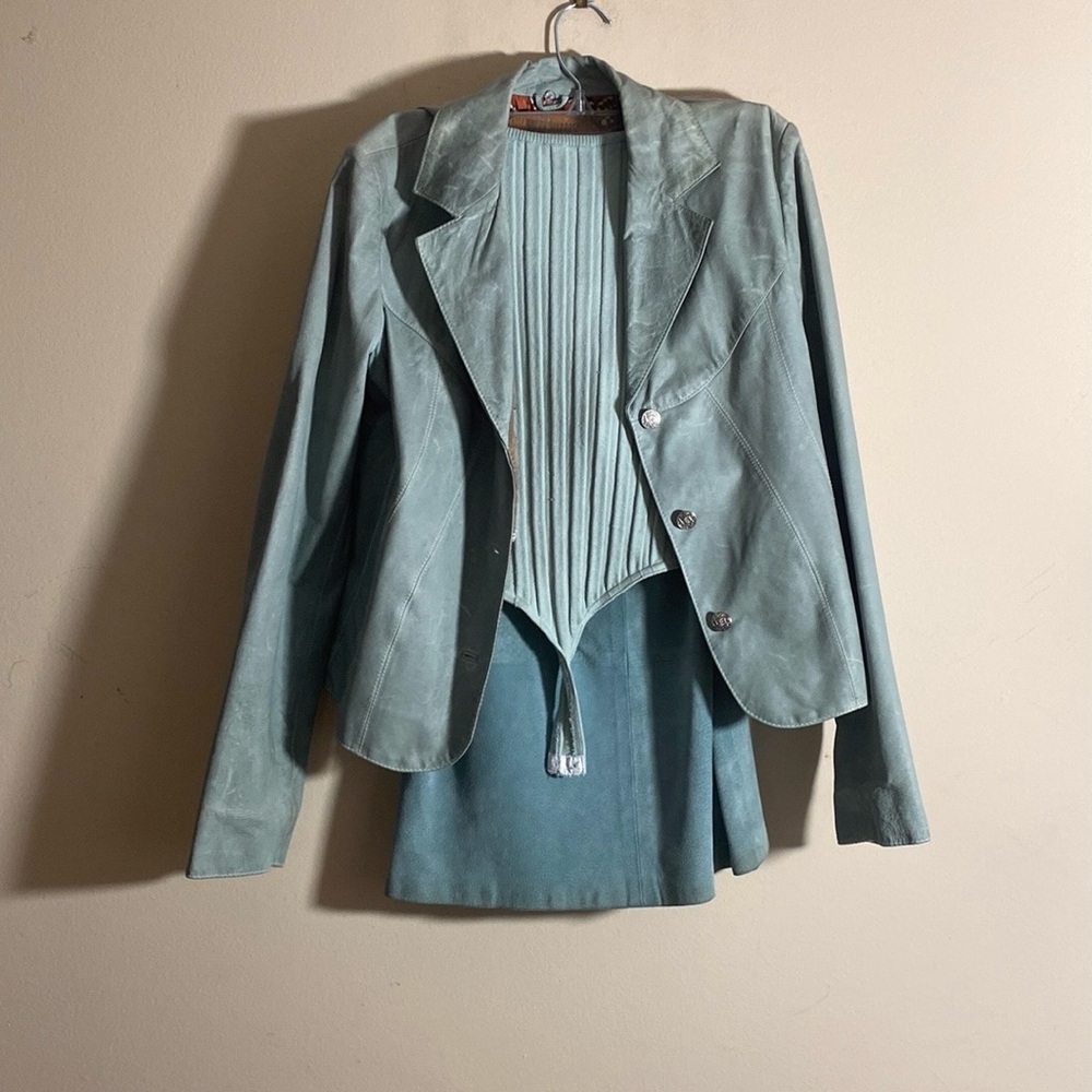 Vintage Wilson’s Leather Celadon Jacket and Skirt with Matching Silk Bodysuit